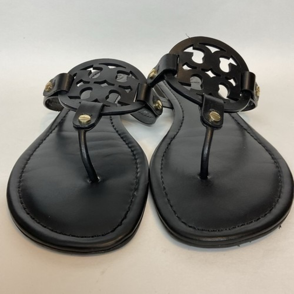 Tory Burch Miller Black Logo SlipOn Flat Thong Sandals Women 11M Brazil Leather - Picture 8 of 11